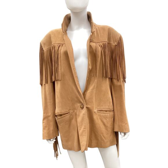 VTG La Nouvelle Renaissance Women’s Leather Jacket Size L Fringes Camel Color - Picture 1 of 8